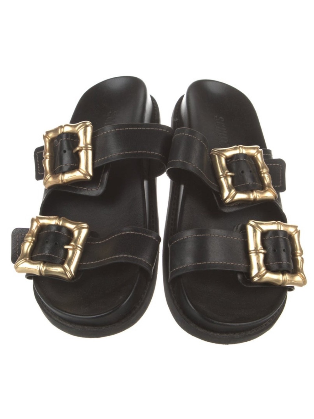 SCHUTZ Black Leather Double-Strap Slides with Gold Buckles
